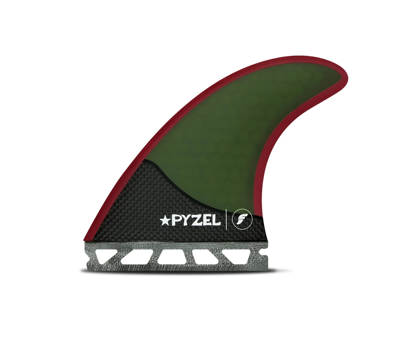 Futures Pyzel Control Honeycomb Thruster Fin Set with green center, red edges, and black base on a white background