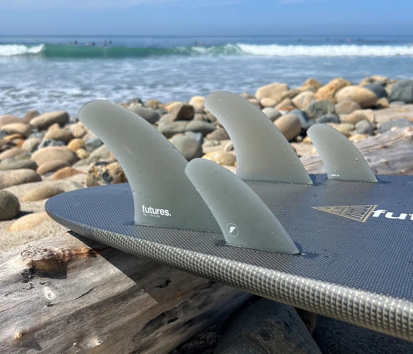 Surfboard with Futures TW1 Fiberglass Canard Pair (9 Degree)