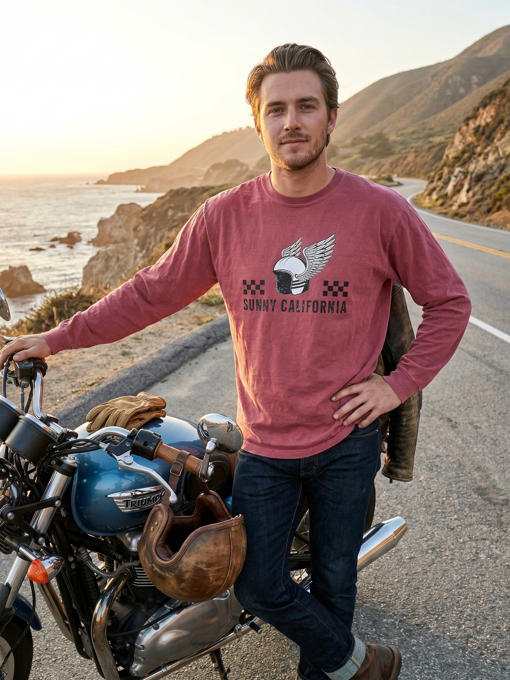 Man in a red Head Wings Long Sleeve Tee standing next to a motorcycle on a scenic road.