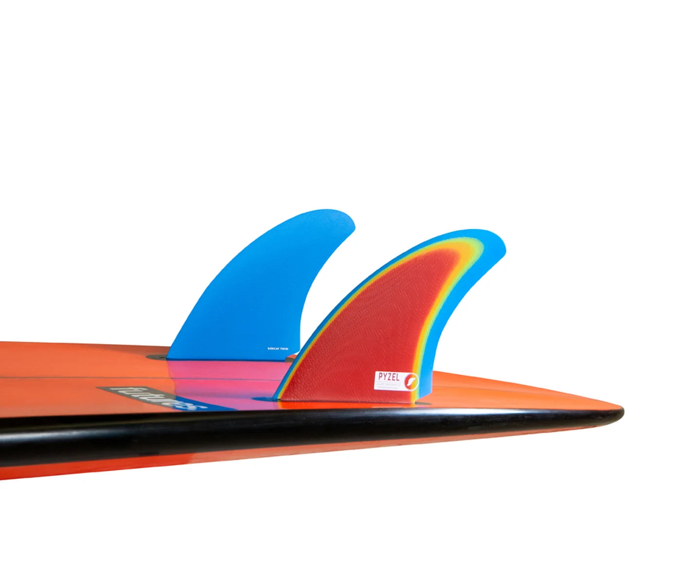 Close-up of a surfboard with Futures Pyzel Bobcat Fiberglass Twin Fin Set