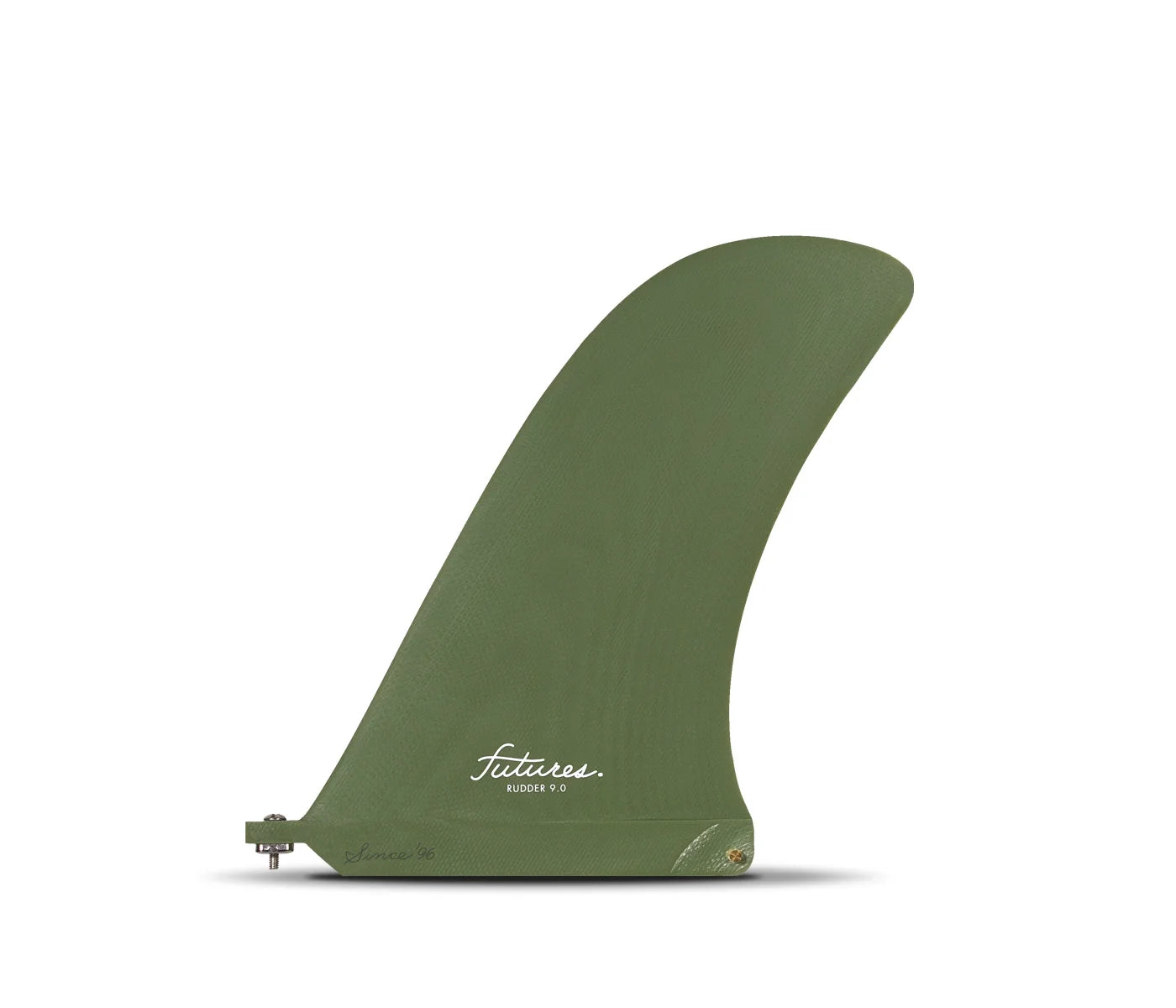 An olive green Futures Rudder Fiberglass Single Fin (9.0")