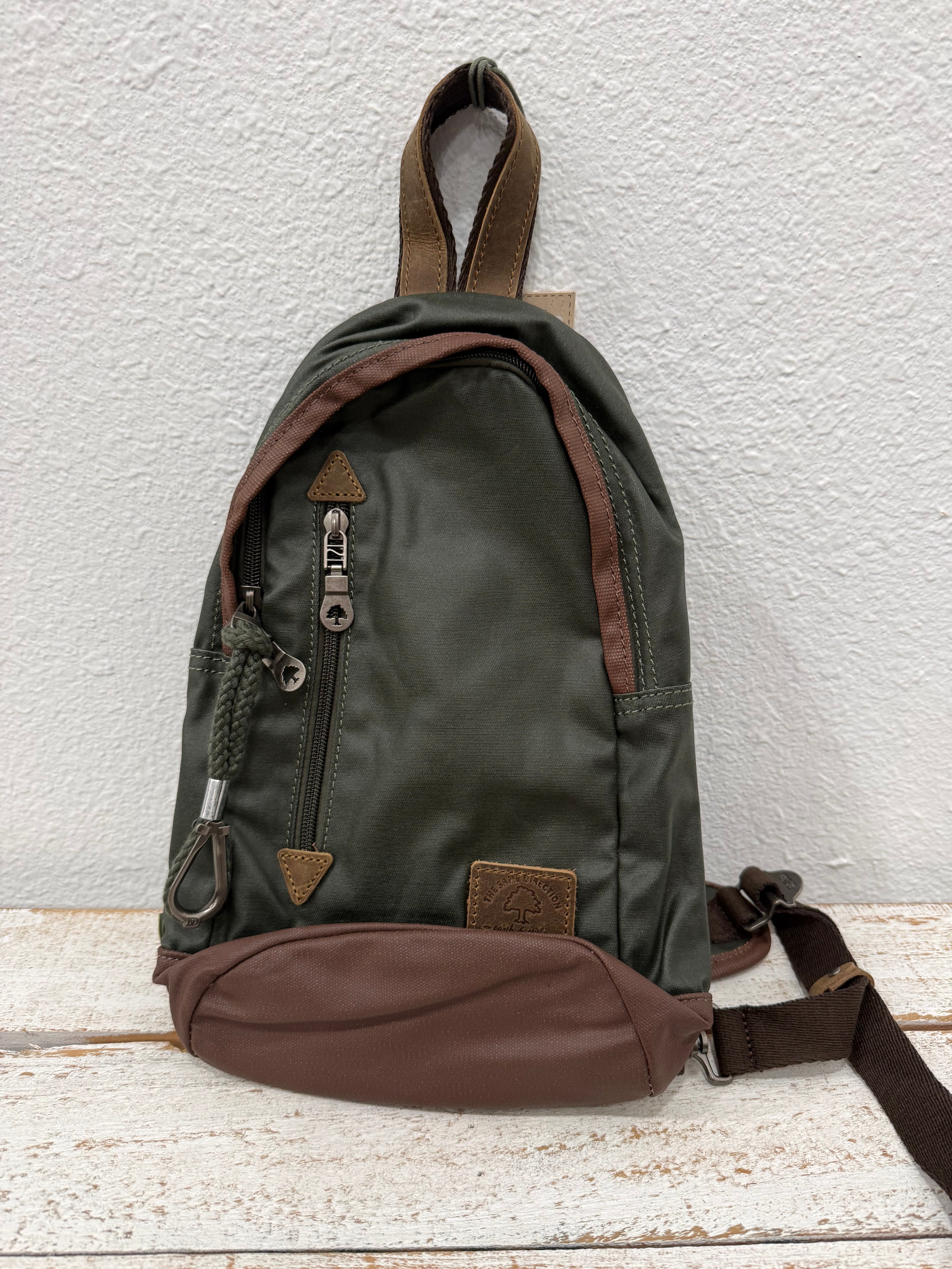 TSD BRAND URBAN LIGHT COATED CANVAS SLING BAG - ARMY GREEN