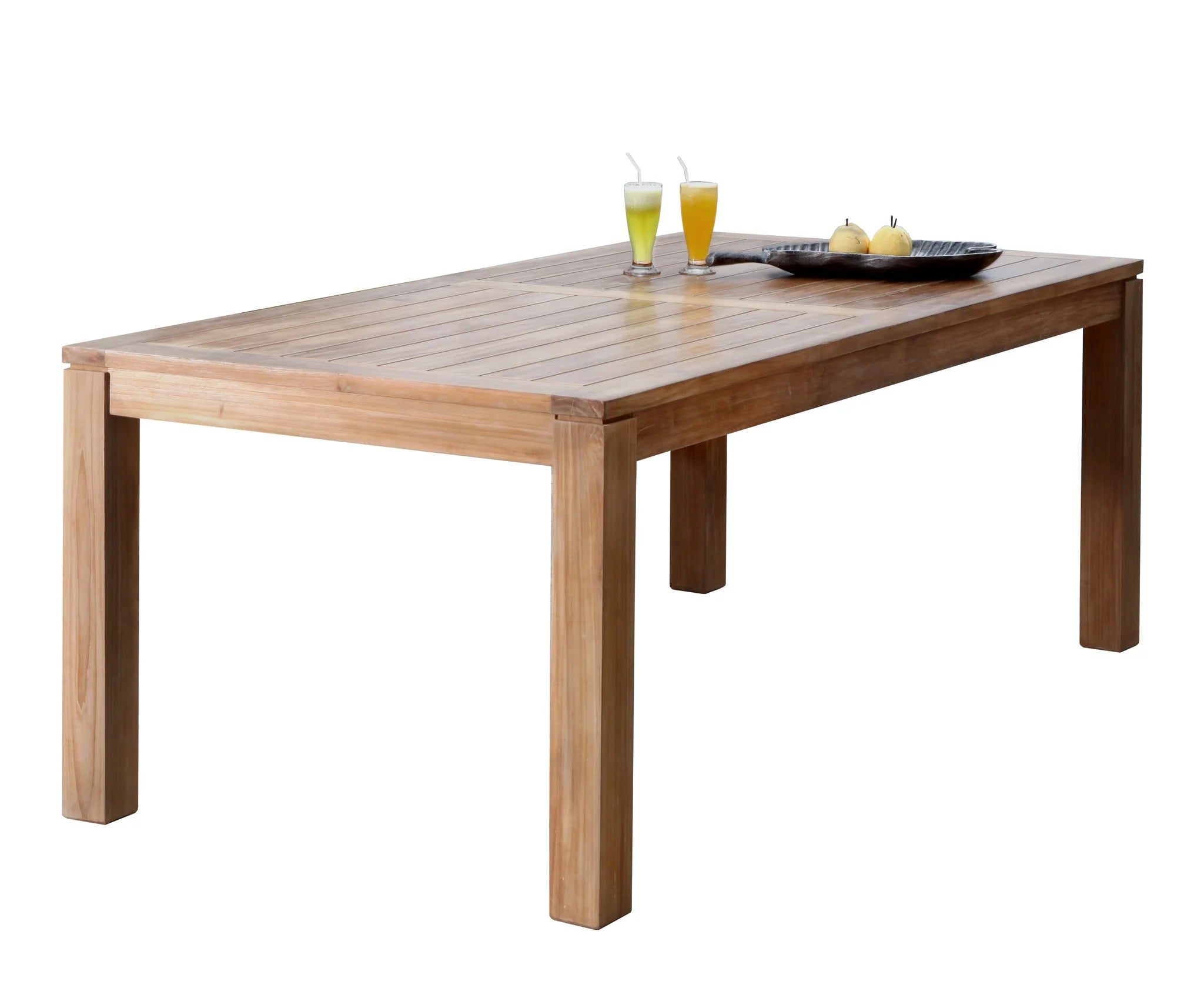 Wooden dining table with drinks and snacks on a white background