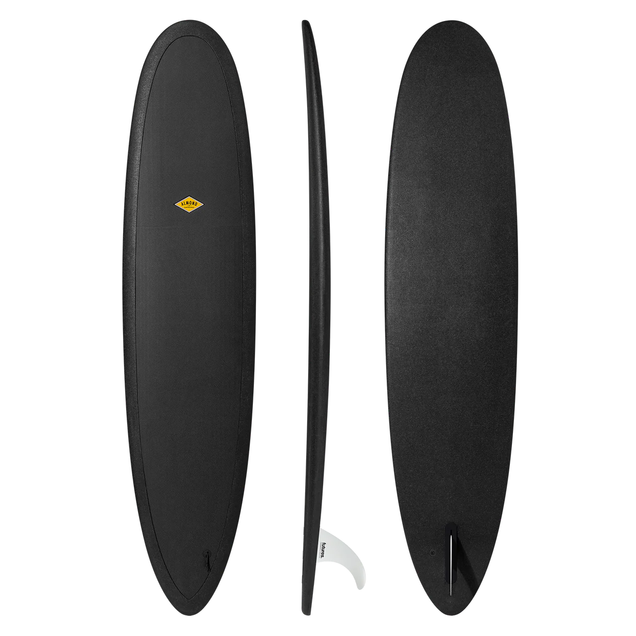 Black Almond surfboard with a yellow logo on a white background