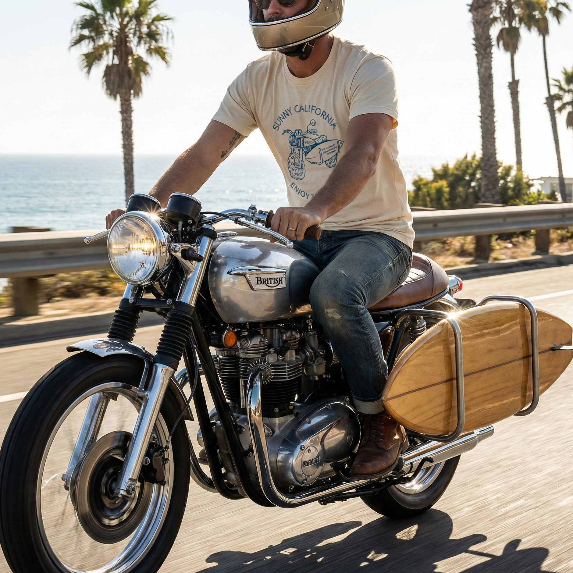 Person riding a motorcycle with a wooden sidecar on a road near palm trees and the ocean.
