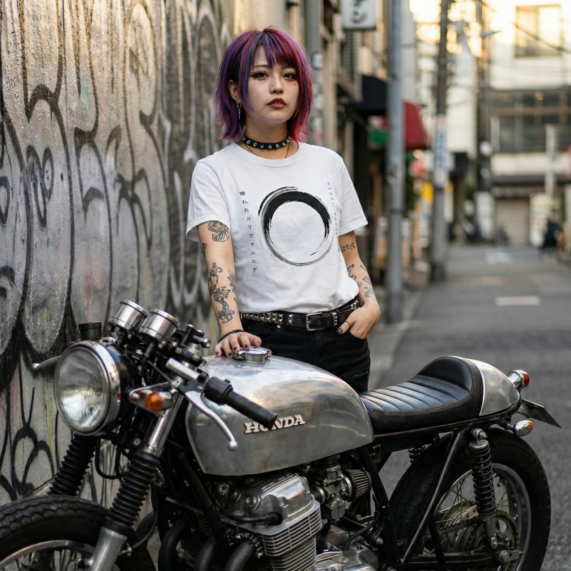 Japantown Enso Tee white t shirt with black enso circle graphic worn in urban street setting