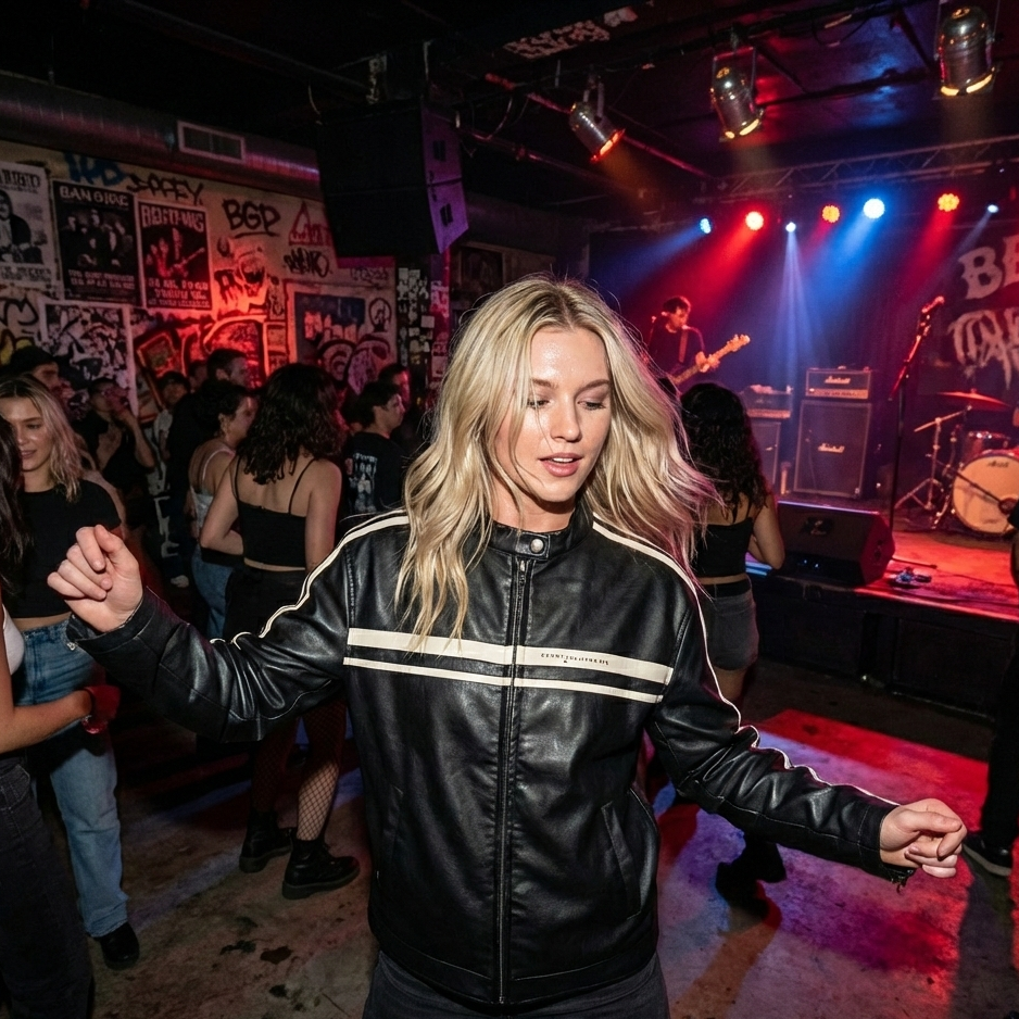 Woman in a black leather jacket dancing in a club with colorful lights and music equipment.