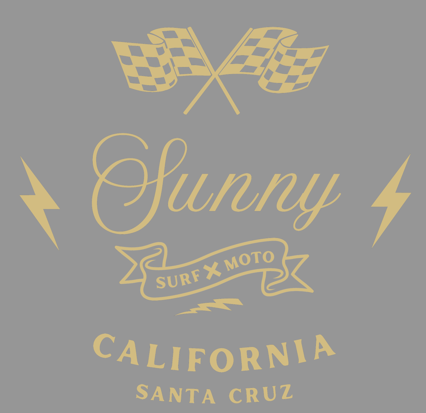 Gold graphic design with 'Sunny California Santa Cruz' text on a gray background