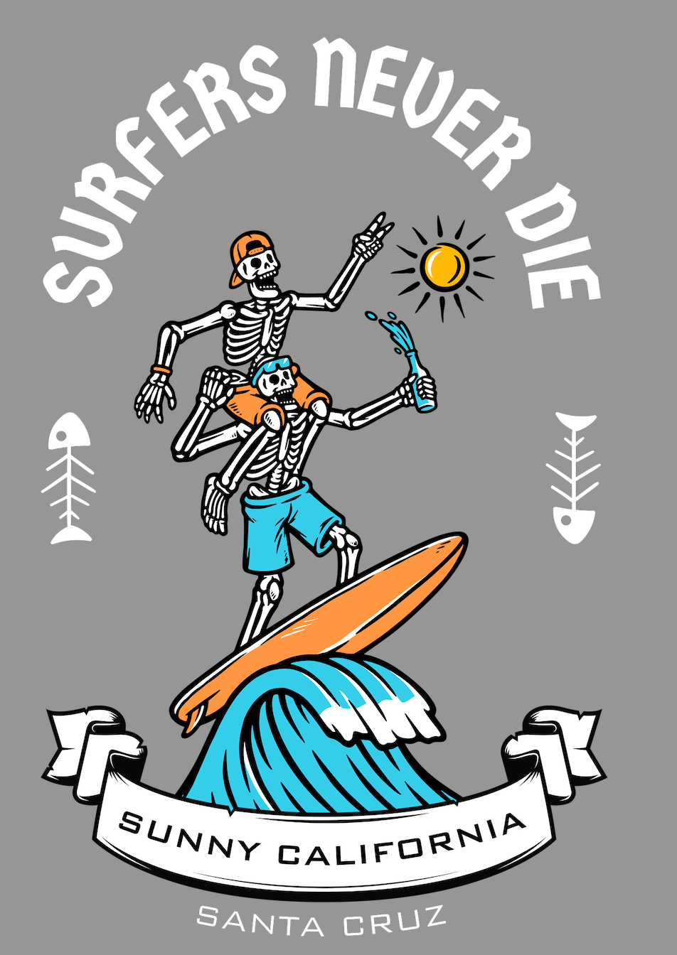 Skeletal figure on a surfboard with 'Surfers Never Die' text on a gray background