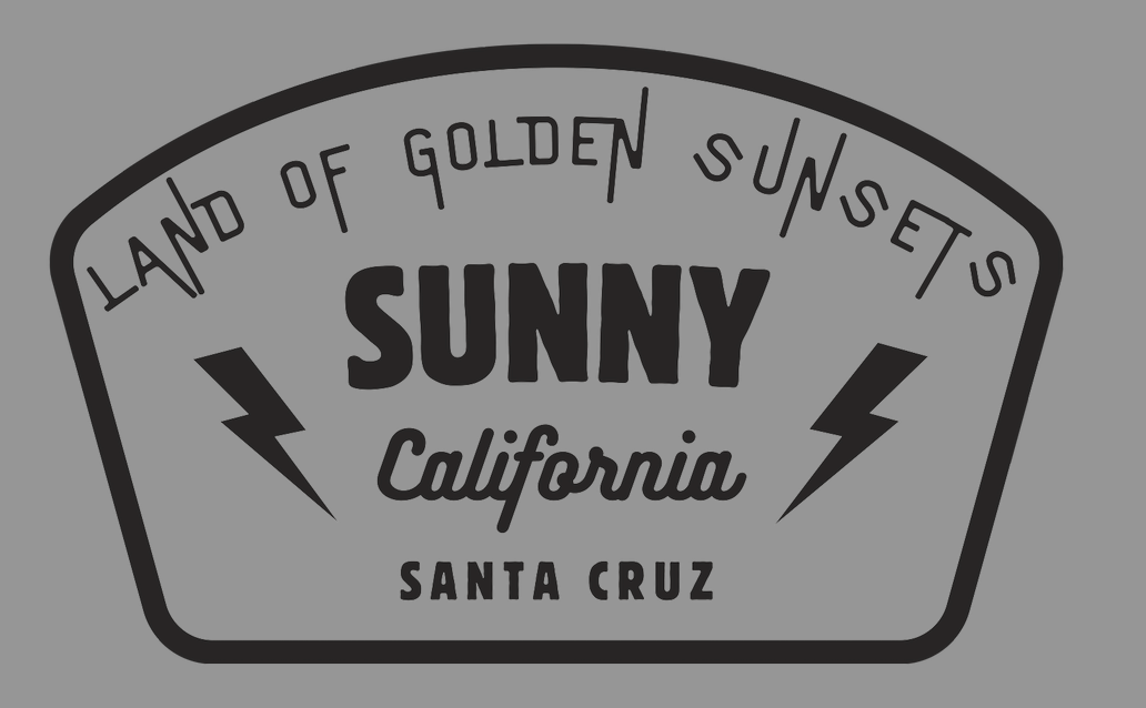 Black and white graphic with 'Sunny California' text on a gray background