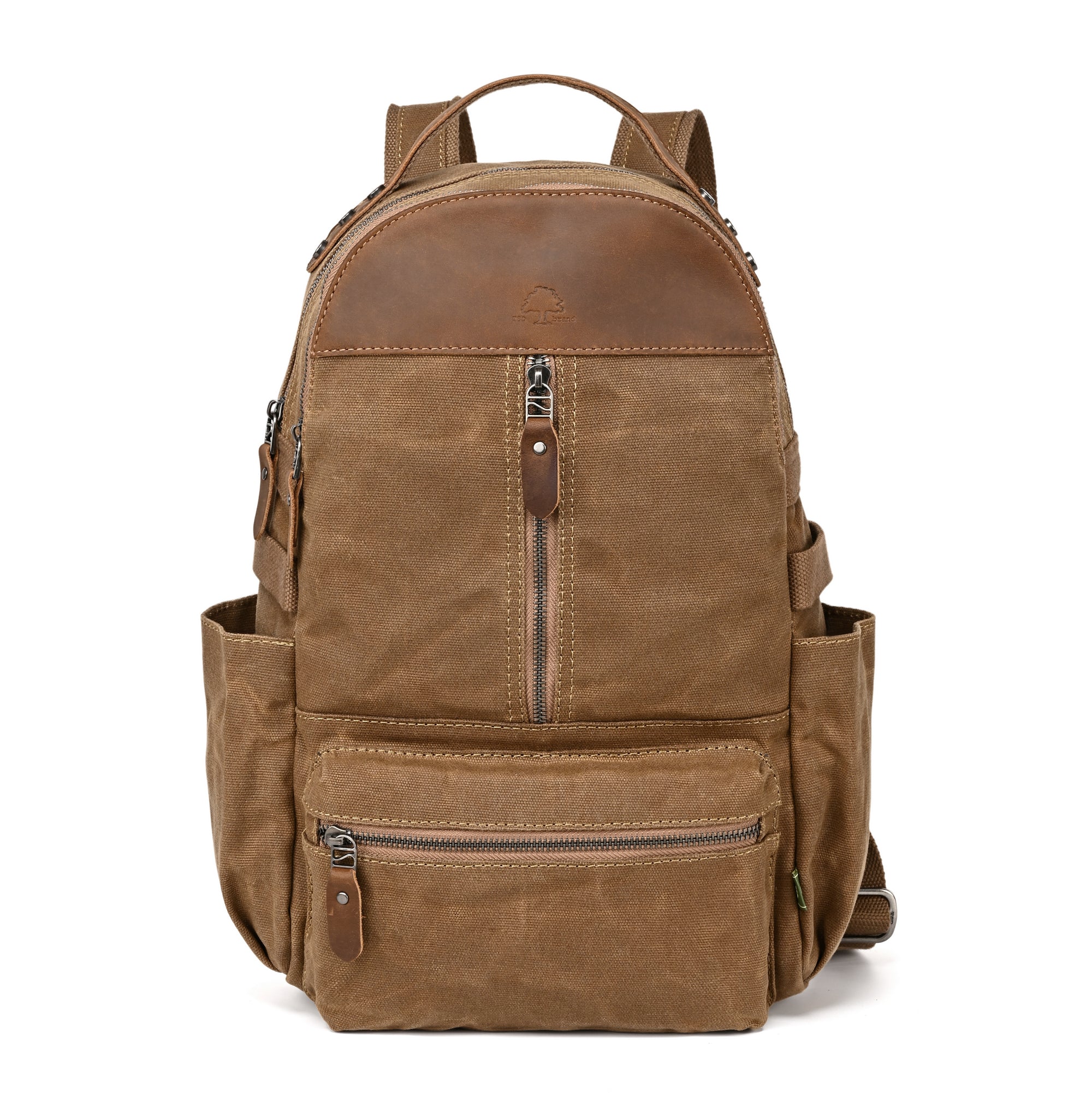 TDS Brand Camel leather backpack on a white background