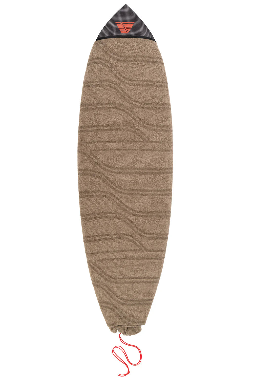 Brown surfboard cover with a red logo on a white background