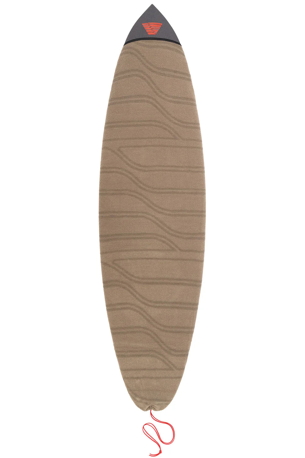 A surfboard cover with a wavy pattern in a sandy tan color, featuring a dark gray pointed tip with a small red logo and a red drawstring at the bottom.