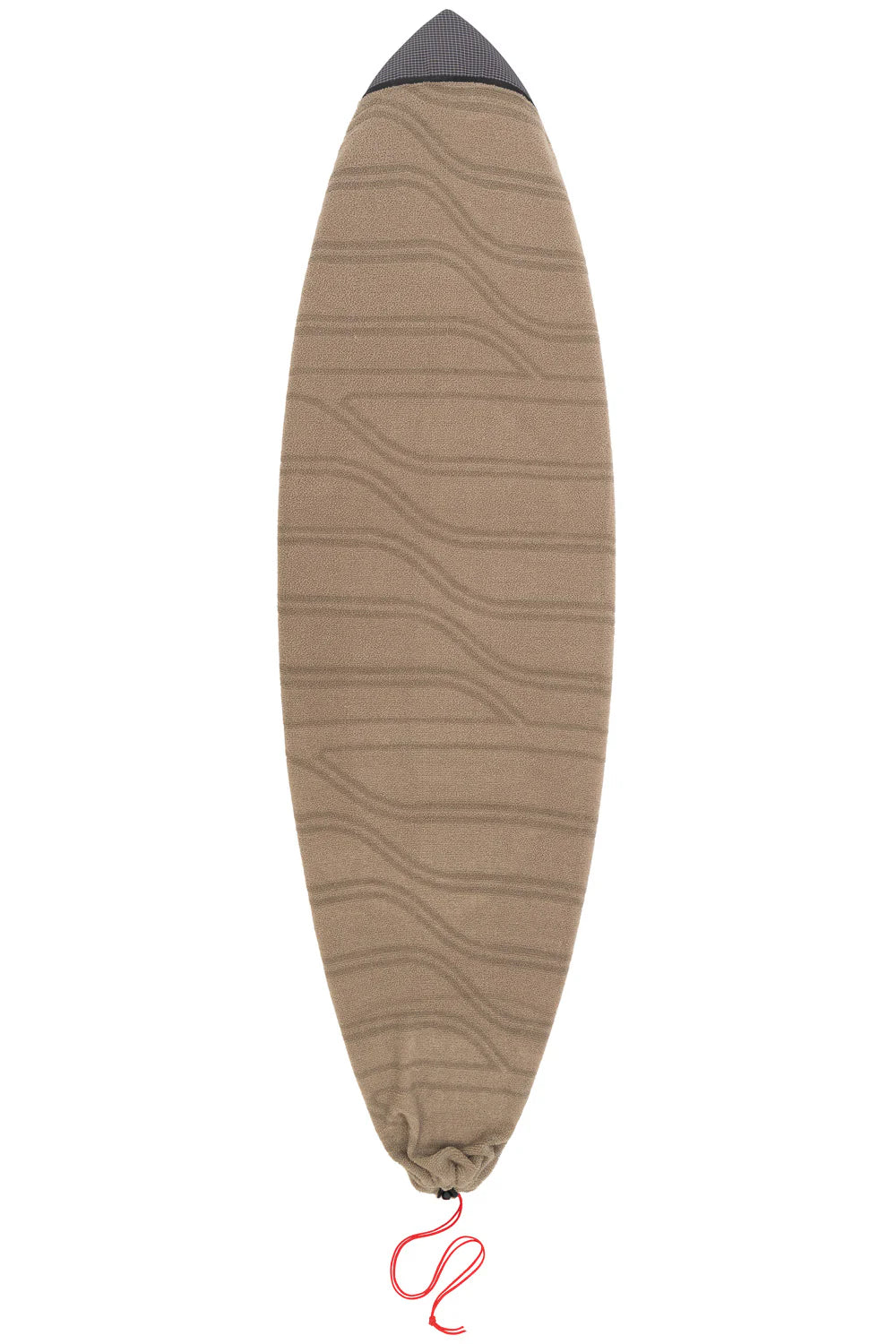 A surfboard-shaped knit sweater or poncho in a warm taupe-beige color with wavy horizontal stripes, featuring a dark gray pointed top and a small red drawstring at the bottom.