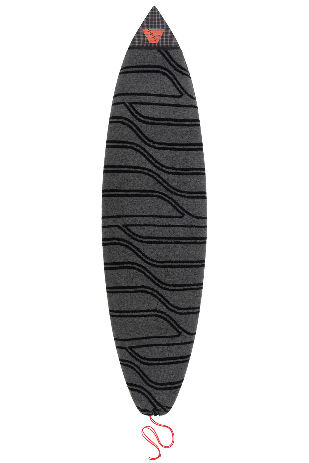 Gray surfboard with black wavy pattern and red logo on a white background