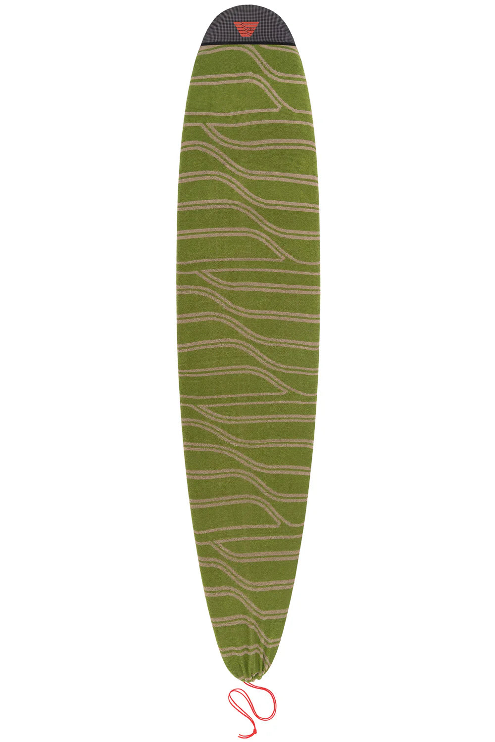 Green surfboard cover with wavy pattern on a white background