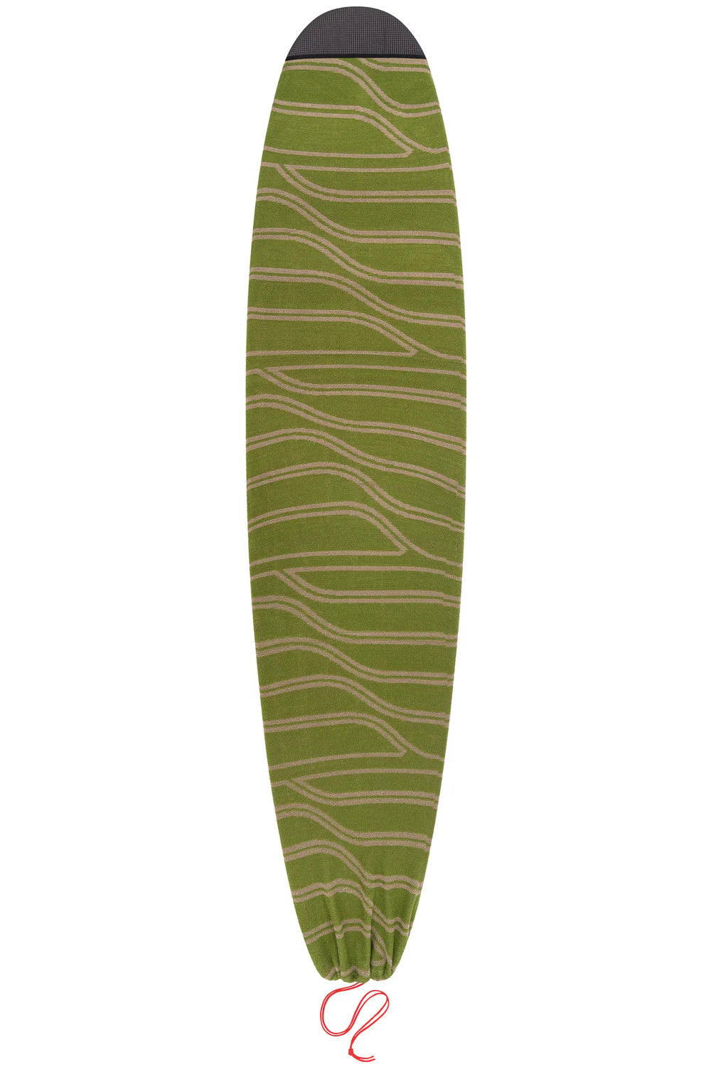 Green and beige patterned surfboard cover on a white background