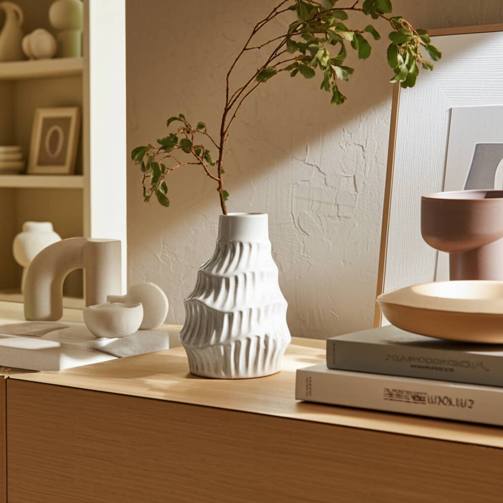 A white ribbed ceramic vase holding a delicate leafy branch, styled on a light wood cabinet in a warm, sunlit room alongside books and other minimalist home decor.