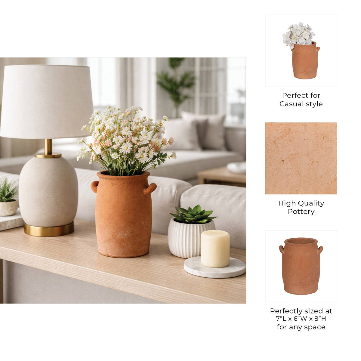 Terracotta pot with flowers on a table in a living room setting, with product details on the right.