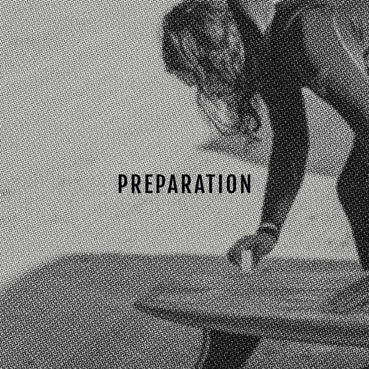 preparation in all caps on a black and gray image. a surfer properly waxing their fins on a longboard.