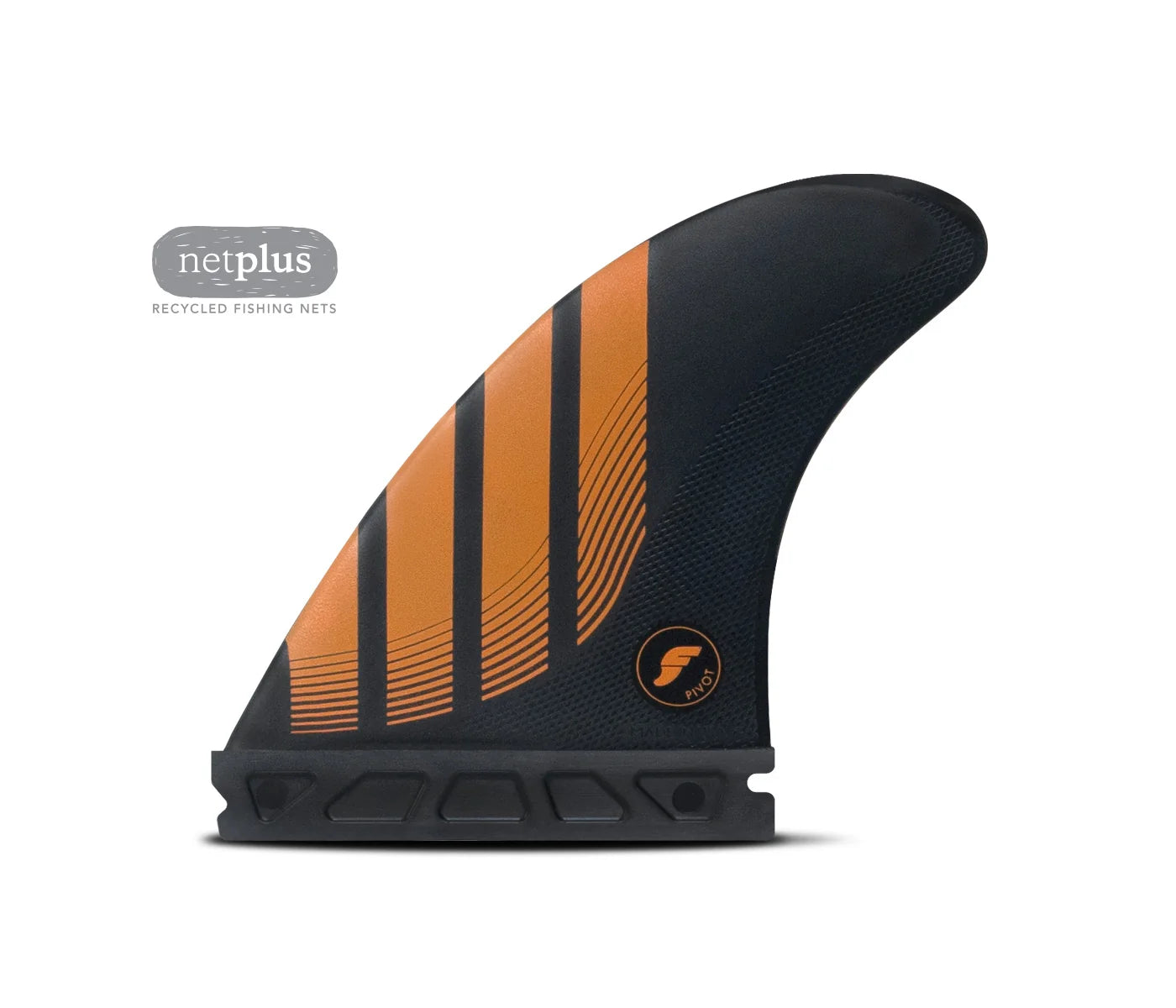 Black and orange Futures P6 Alpha Thruster surf fin with branding on a white background