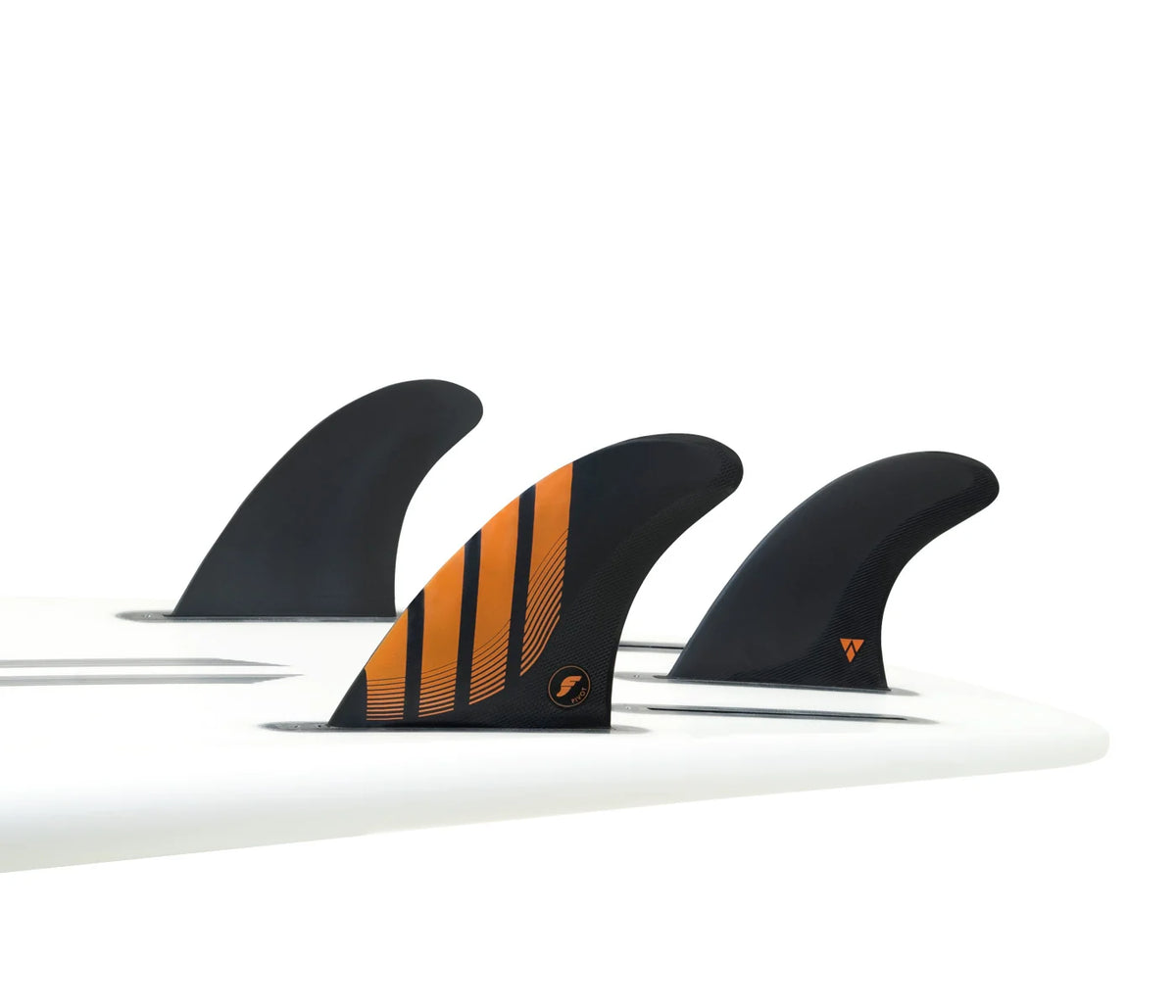 Three Futures P6 Alpha Thruster surfboard fins with black and orange design on a white background
