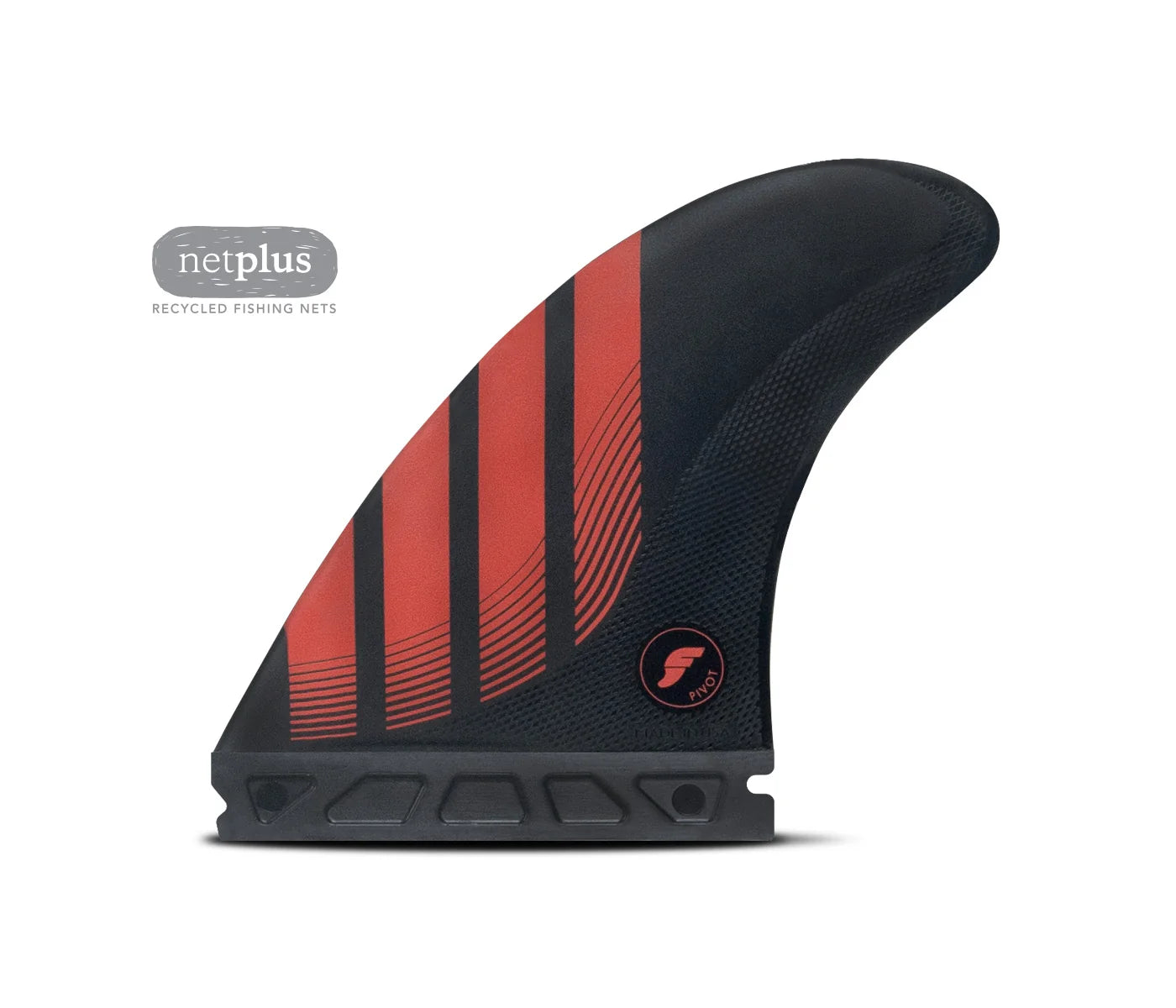 Black and red striped Futures P8 Alpha Thruster Fins with branding on a white background