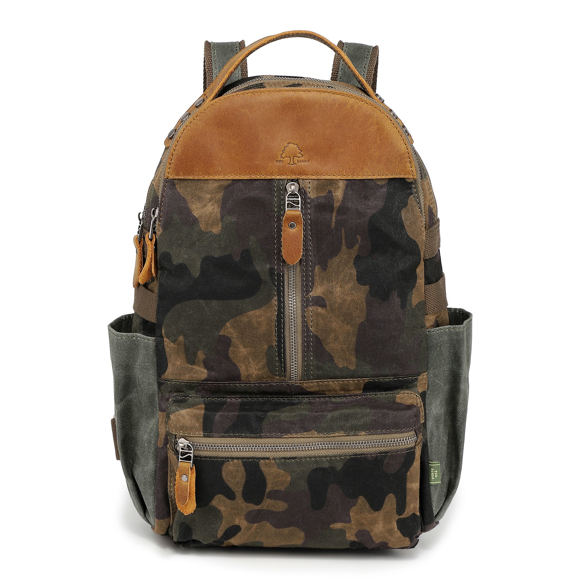 Mountain Leaf Utility Backpack in olive camo, front view with leather top and zip pocket