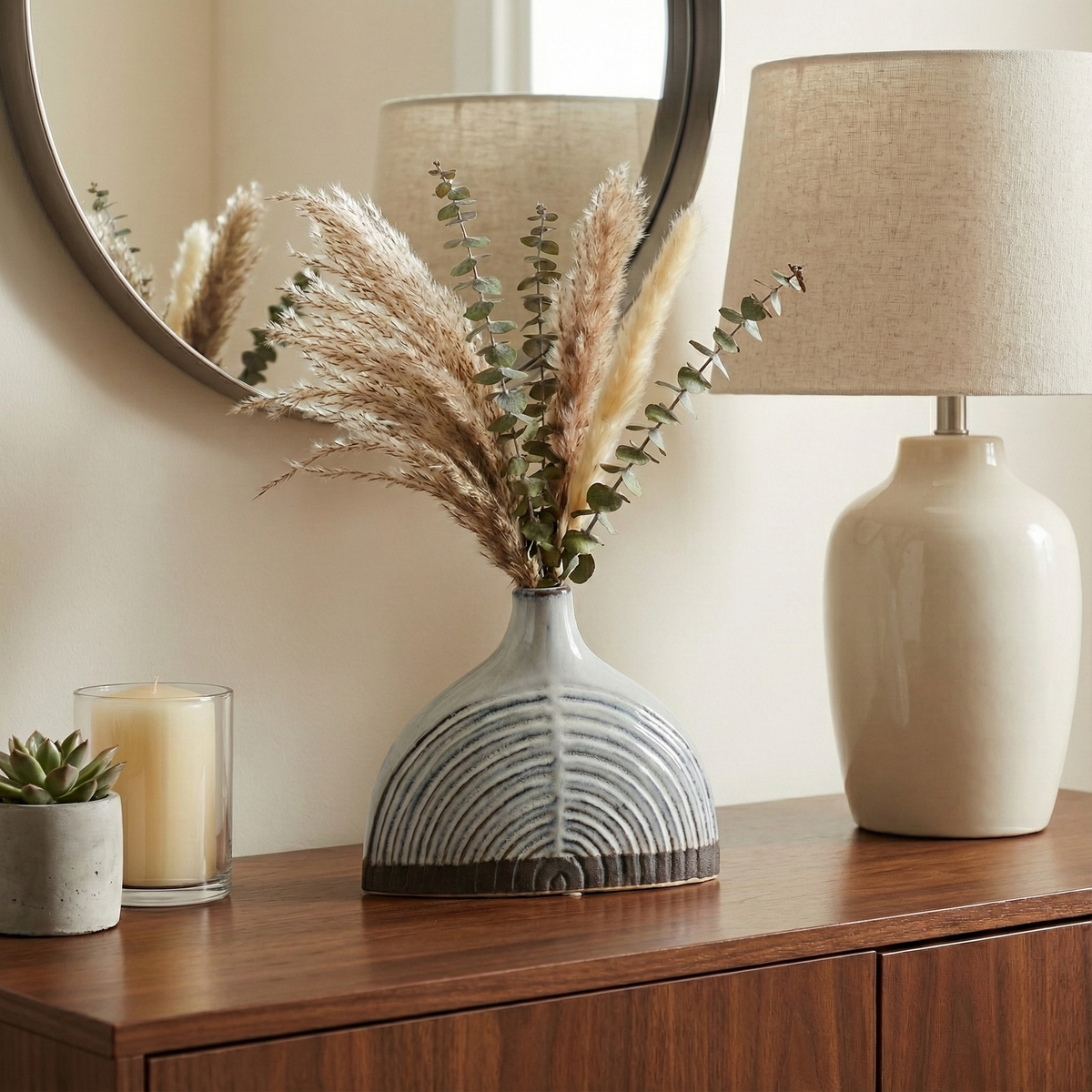 A ceramic vase with a textured, ribbed fan-like pattern in gray and white, filled with dried pampas grass and eucalyptus stems, styled on a wooden console table next to a lamp and candle.