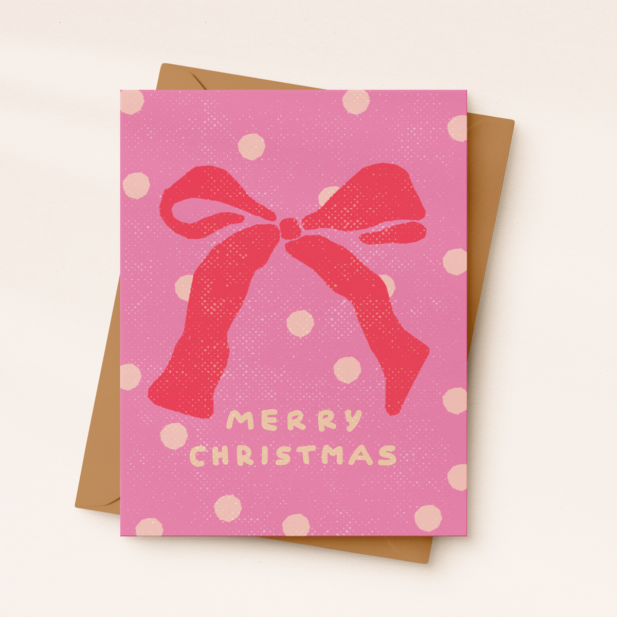 Cute Christmas Card | Red Bow | Pink Holiday Card | Ribbon
