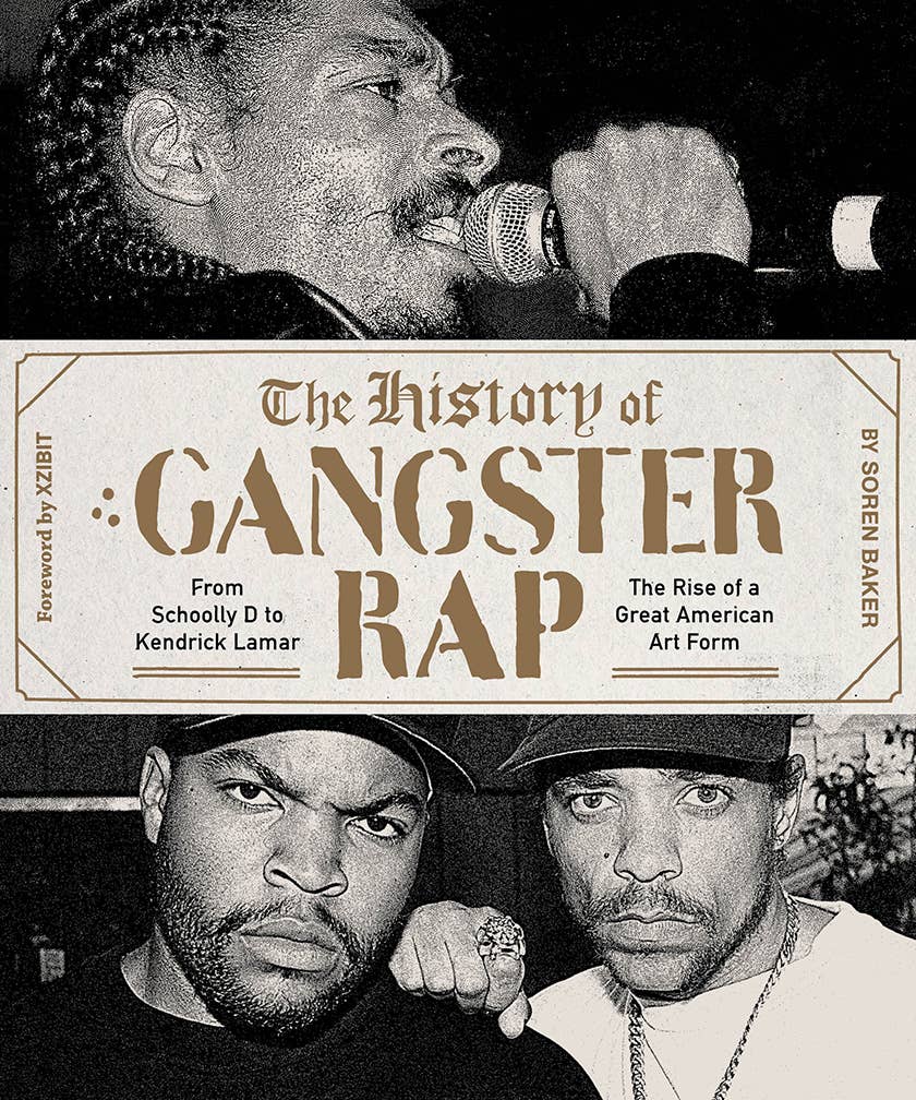 Book cover of 'The History of Gangster Rap' with a black and white photo of a rapper and two men holding a microphone.