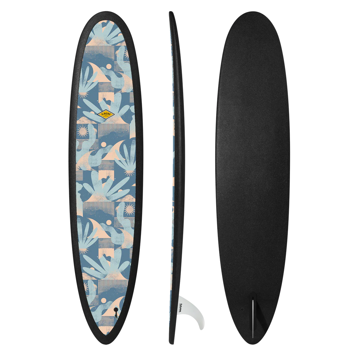 Surfboard with a floral pattern on one side and black on the other, displayed from multiple angles.
