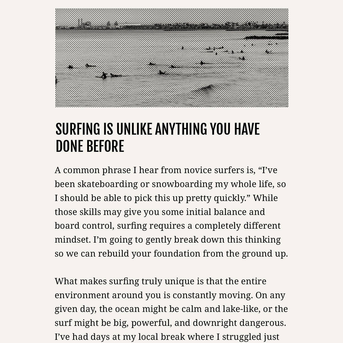 Text on a blank background with what looks like seals, but are indeed surfers in wetsuits waiting for a tasty set to come in. 