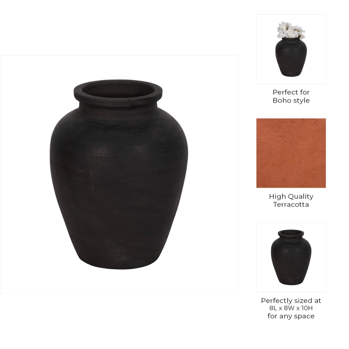 Black terracotta vase with product details on a white background