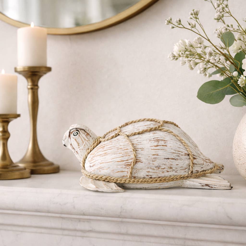 White Wood Coastal Rope Turtle Figurine (5")