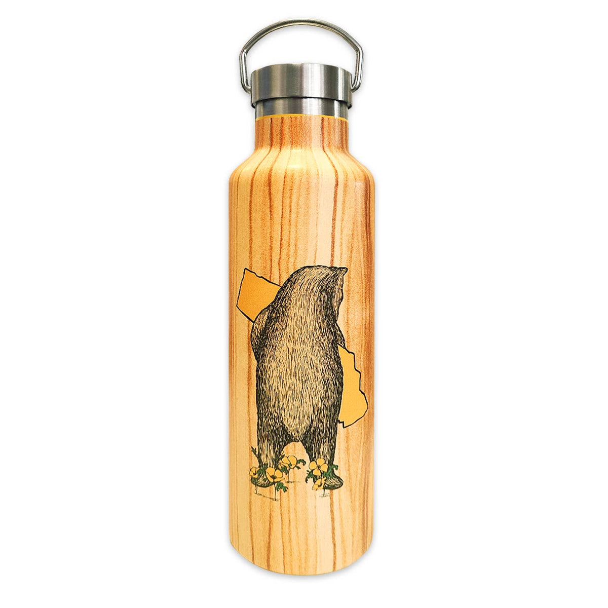 Wooden water bottle with bear design on a white background