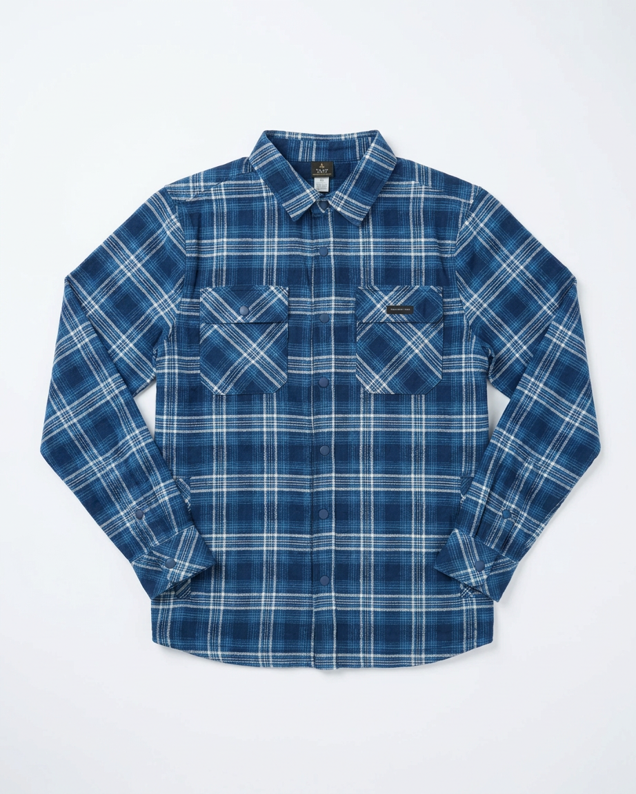 A blue and white plaid long-sleeve button-up shirt with two chest pockets, laid flat against a light gray background.