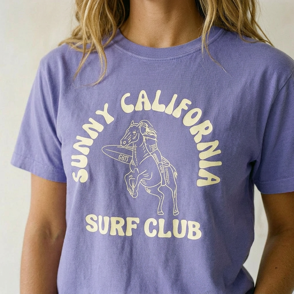 Person wearing a purple t-shirt with 'Sunny California Surf Club' graphic design.