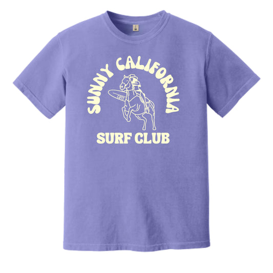 Purple t-shirt with 'Sunny California Surf Club' graphic on a white background