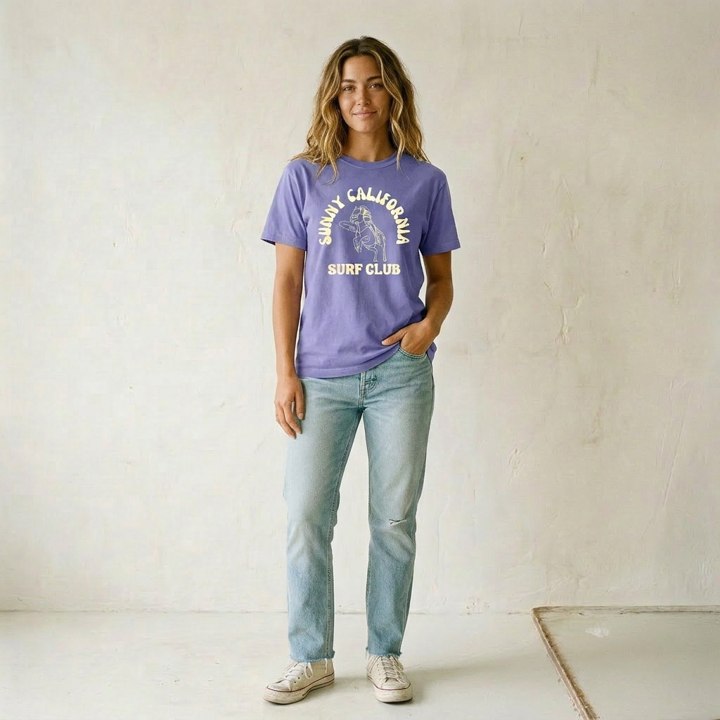 Person wearing a purple t-shirt with text and graphics, standing against a plain background