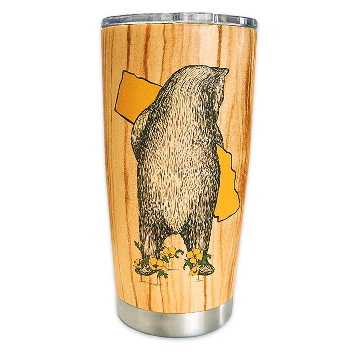 A stainless steel insulated tumbler with a light woodgrain finish, featuring an illustration of a brown bear standing on its hind legs and holding yellow shapes, set against a plain white background.