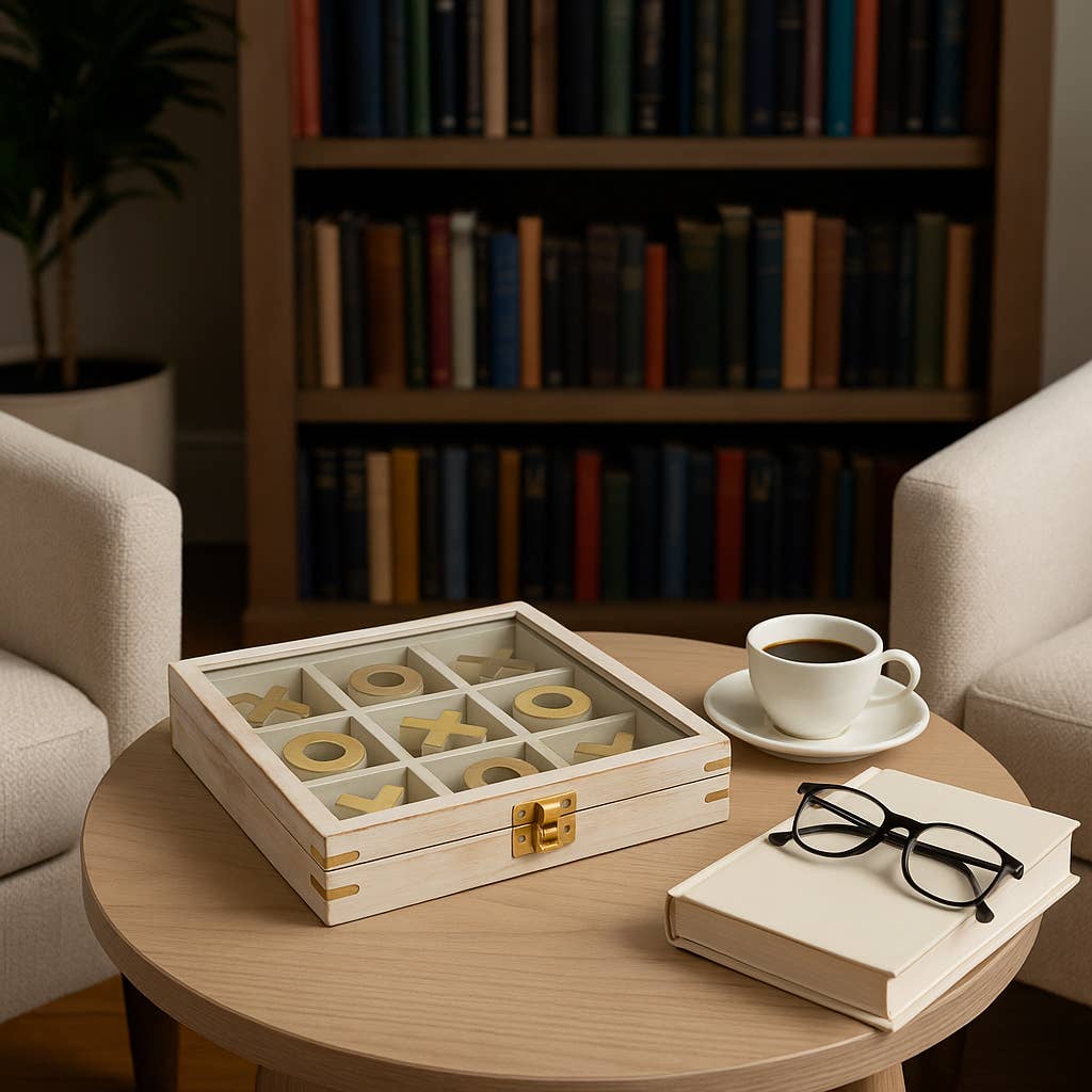 Wooden puzzle box on a table with a book and coffee cup in a cozy room.