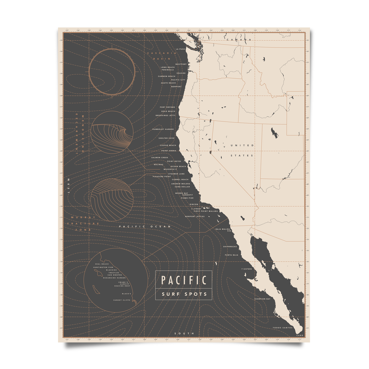 A vintage-style map poster titled 'PACIFIC SURF SPOTS' showing the coast of California and surrounding ocean contours, printed in dark charcoal and warm cream tones with fine line details.