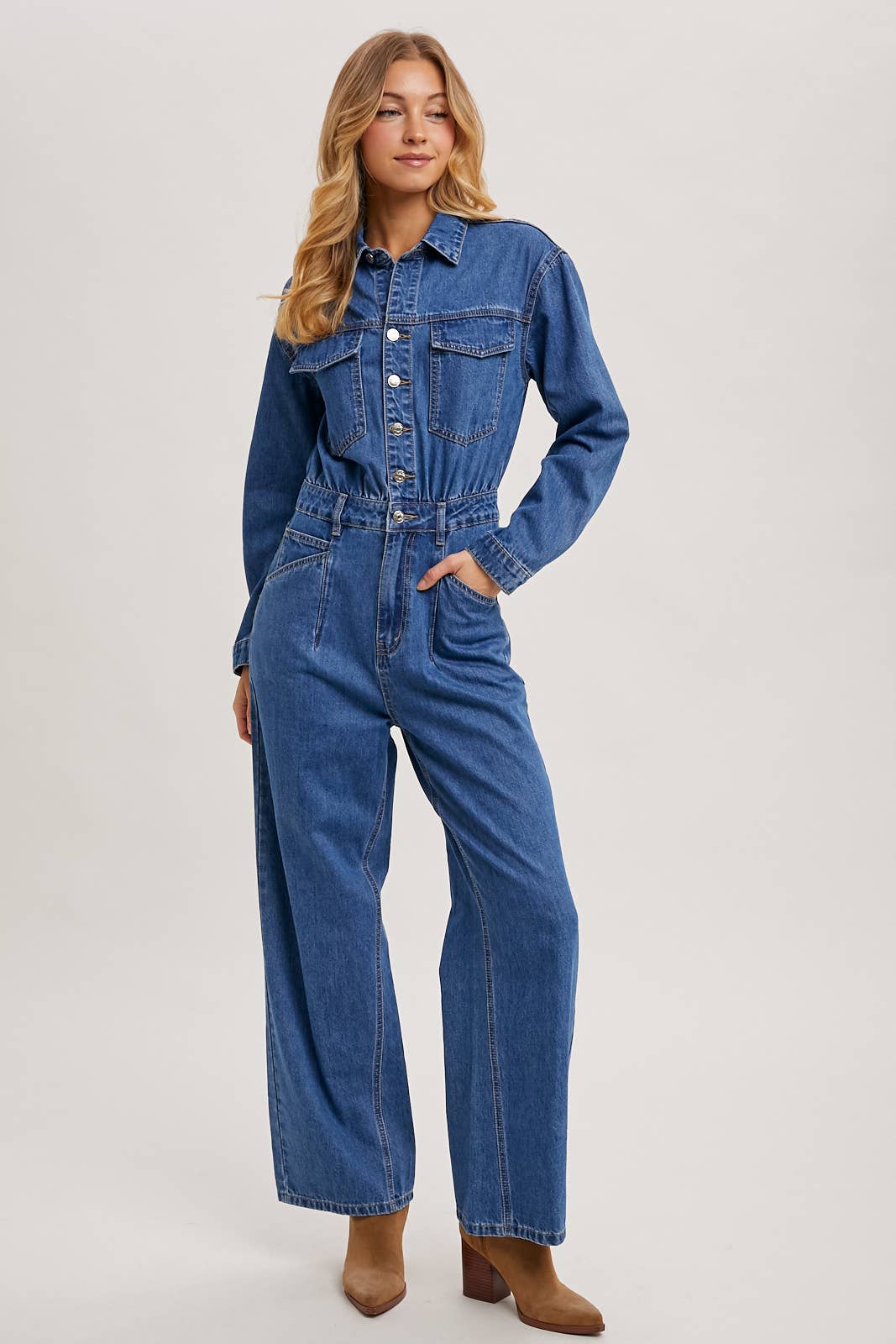 La Brea Denim Straight Leg Jumpsuit / L