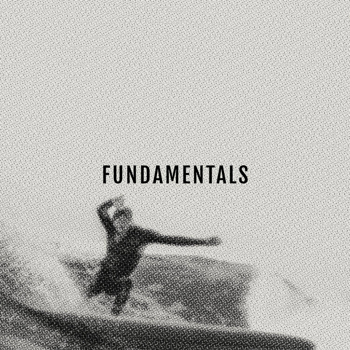 Fundamentals in sans serif font, with a kook just riding the rails on their nose rider making one epic claim. 
