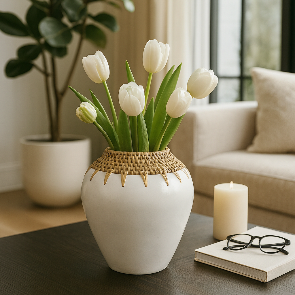 White vase with white tulips on a table next to a candle and glasses, with a couch and plant in the background.