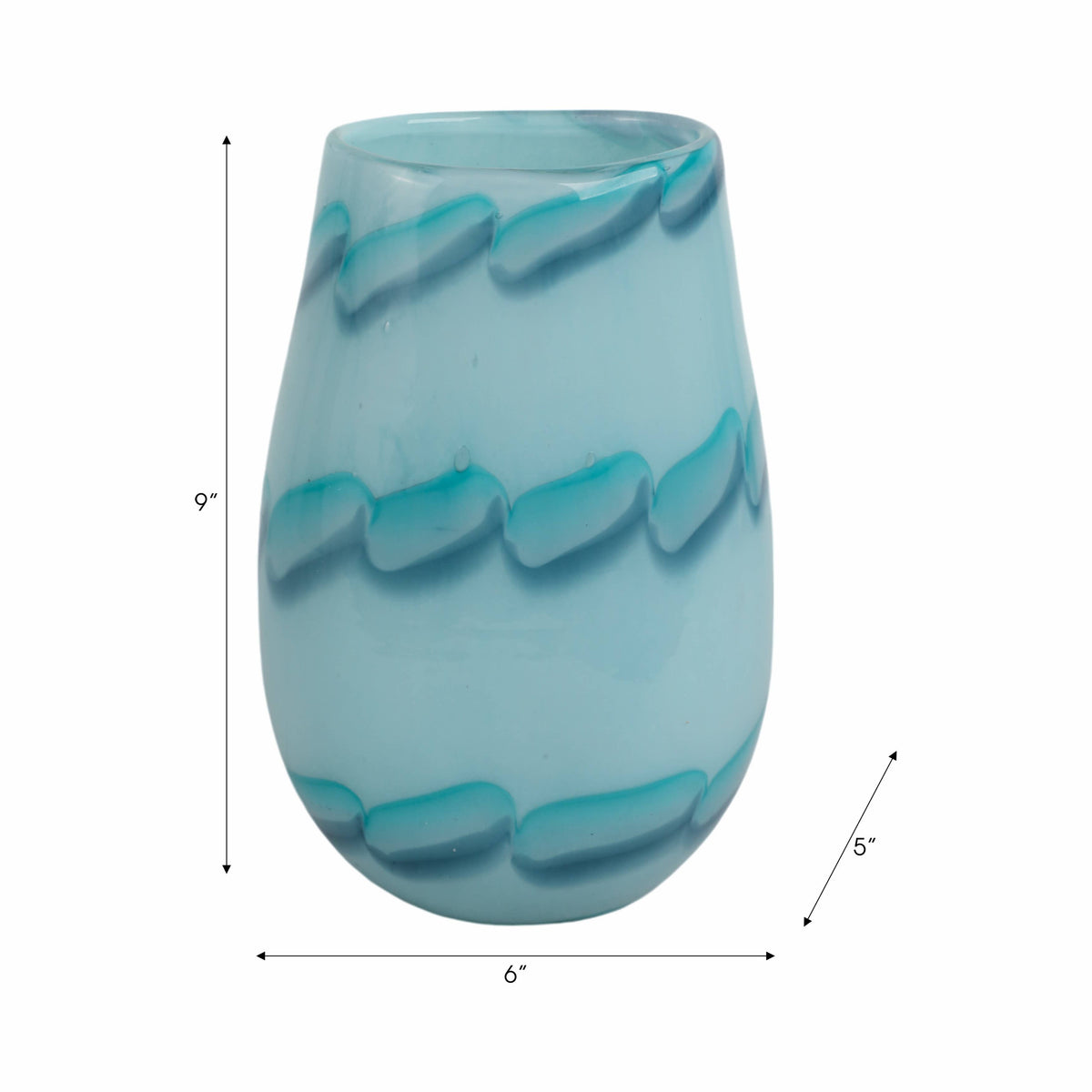 Blue textured glass vase with dimensions on a white background