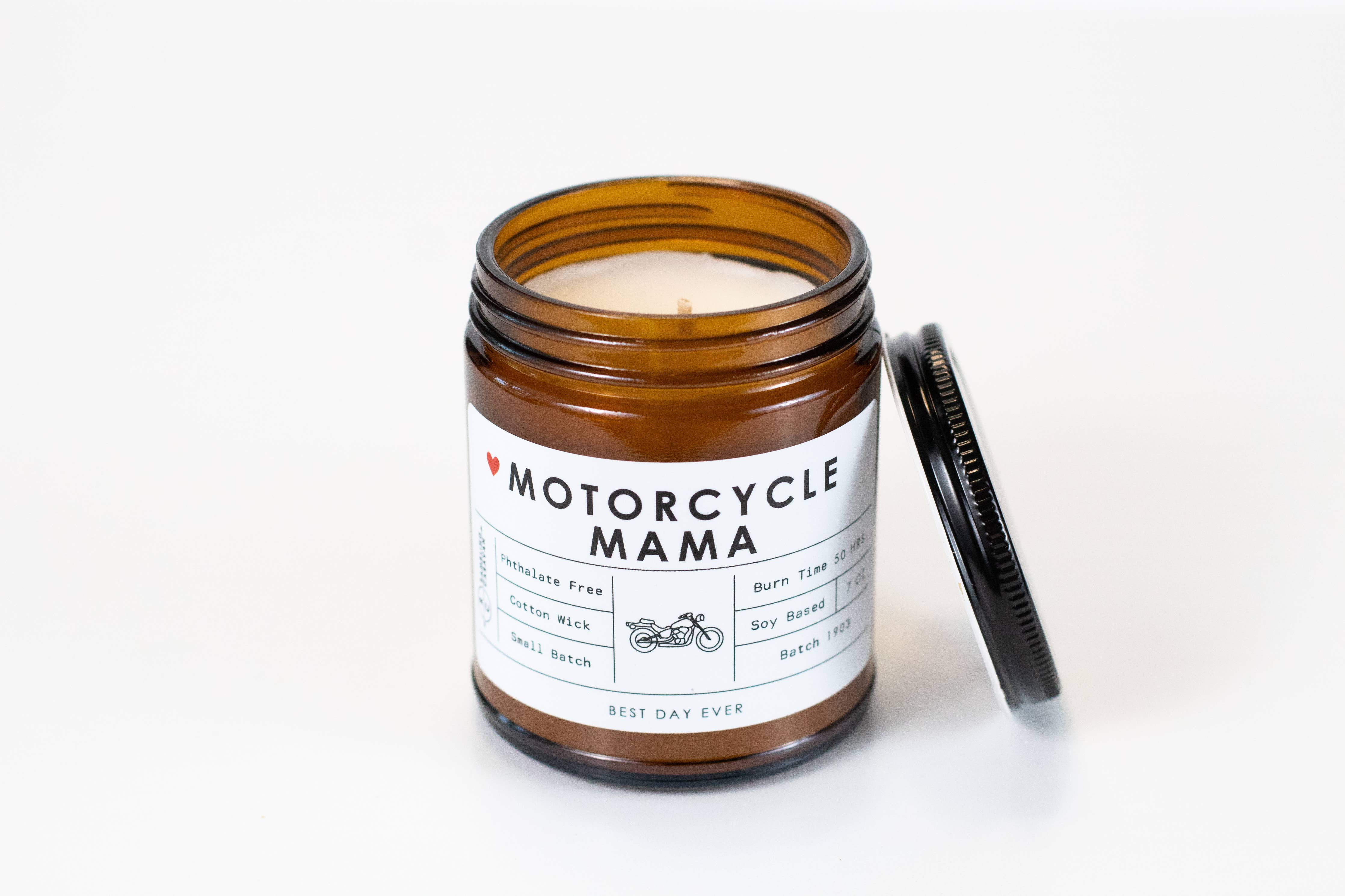 Candle jar labeled 'Motorcycle Mama' on a white background