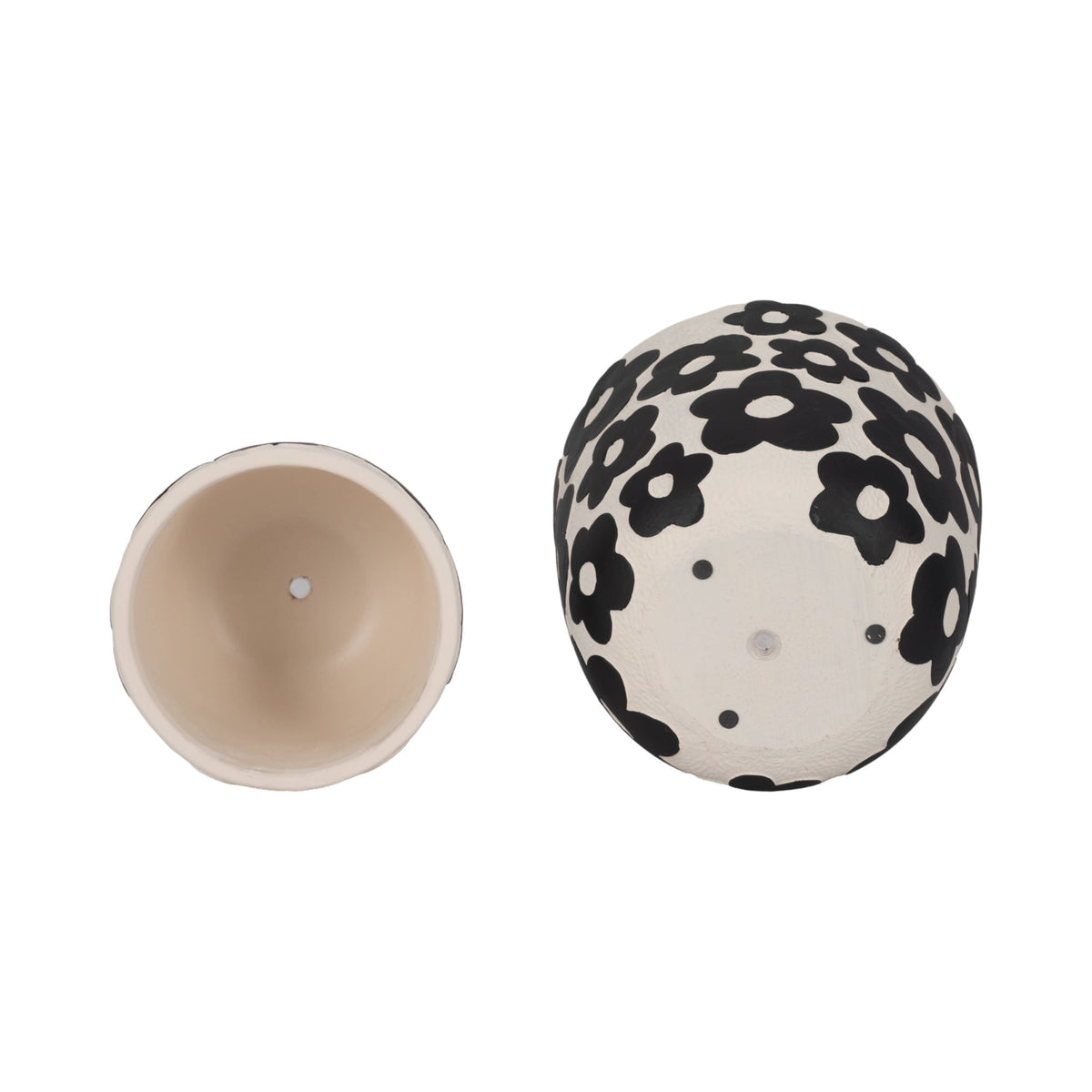 A ceramic dome-shaped planter shown from two angles: a top-down view displaying its beige interior, and a side view displaying its exterior covered in a black floral pattern on a white background.