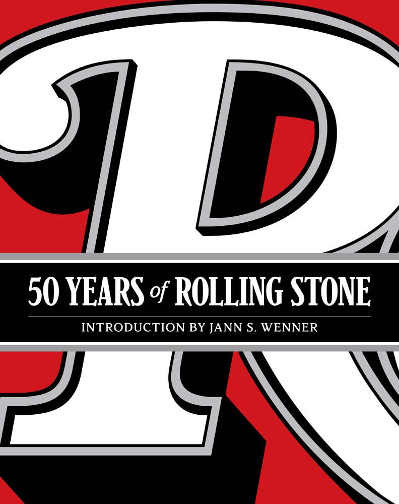 Book cover of '50 Years of Rolling Stone' with prominent 'R' logo.
